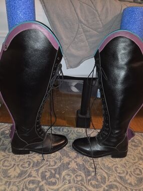 Custom Black Lace-Up Tall Riding Boots with Purple and Teal Trim